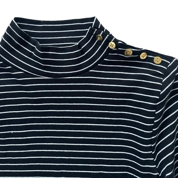J. Crew Black Striped Gold Button Mock Neck Long Sleeve Top, S - Picture 5 of 12